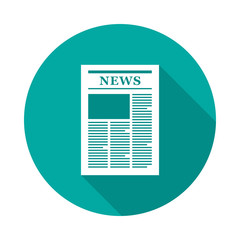 Newspaper circle icon with long shadow. Flat design style. Newspaper simple silhouette. Modern, minimalist, round icon in stylish colors. Web site page and mobile app design vector element.