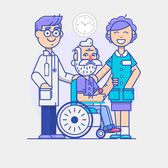 Doctor and young woman social worker strolling with elder man in wheelchair. linear poster isolated on white background. Flat vector illustration