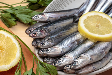 Fresh anchovies beside parsley and lemon slices. Fishery of Mediterranean diet