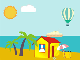 Summer vacation illustration - sea, palm tree, sun and beach house. vector