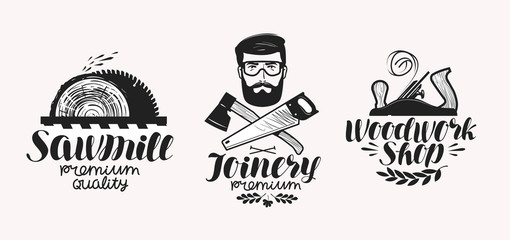 Joinery, sawmill label set. Woodwork shop icon or logo. Handwritten lettering, calligraphy vector illustration