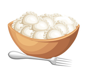 Vareniki. Pelmeni. Meat dumplings. Food. Dill, parsley, black pepper, bay leaf. Cooking. National dishes. Dinner. Products from the dough and meat. Vector vintage illustration. Web site page design