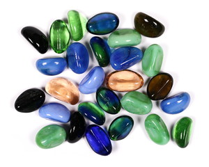 Collection colorful glass stone isolated on white background, top view