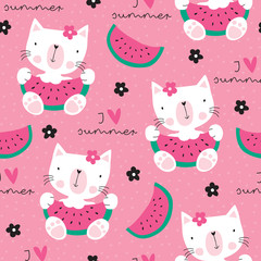 seamless cute cat with melon pattern vector illustration - 164321172