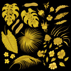 Vector sketch golden texture set of isolated elements. Gold shiny leaves of tropical plants, exotic flowers buds. Graphic outline drawing collection goldish herb and vegetation monsoon rainforest.