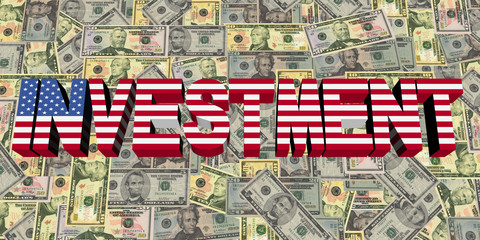 Investment text with American flag on currency illustration