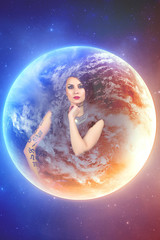Astrology, horoscope. Charming brunette with a perceptive look on a cosmic background