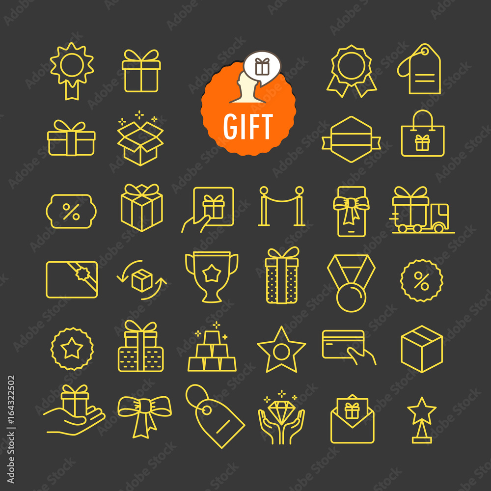 Poster Different gifts icons vector collection. Web and mobile app outline icons set on dark background