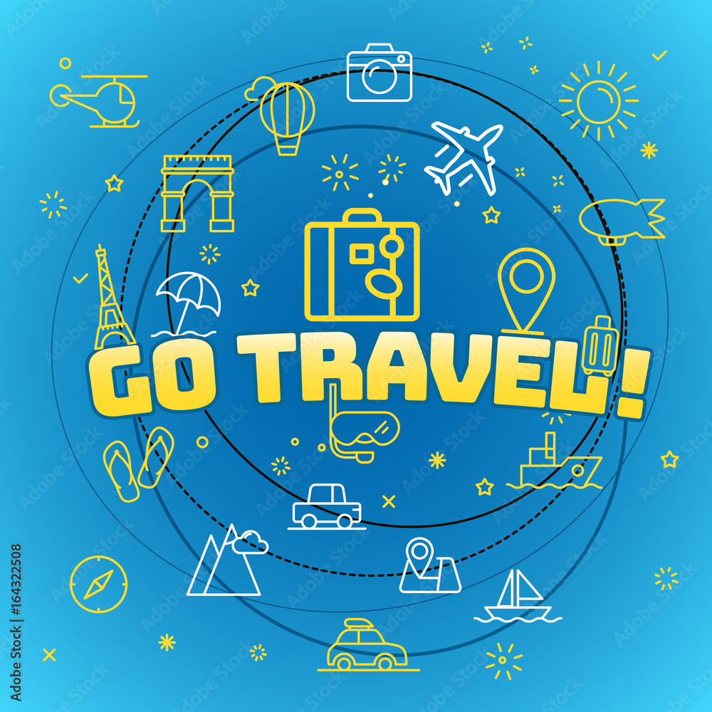 Poster go travel concept. different thin line icons included