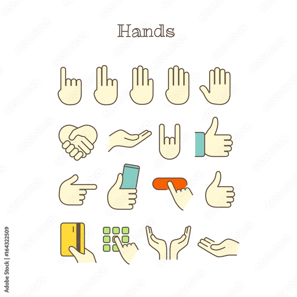 Poster Different thin line color icons vector set. Hands