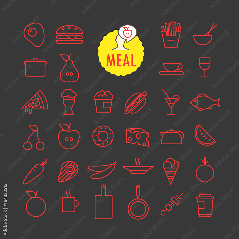 Poster Different meal icons vector collection. Web and mobile app outline icons set on dark background