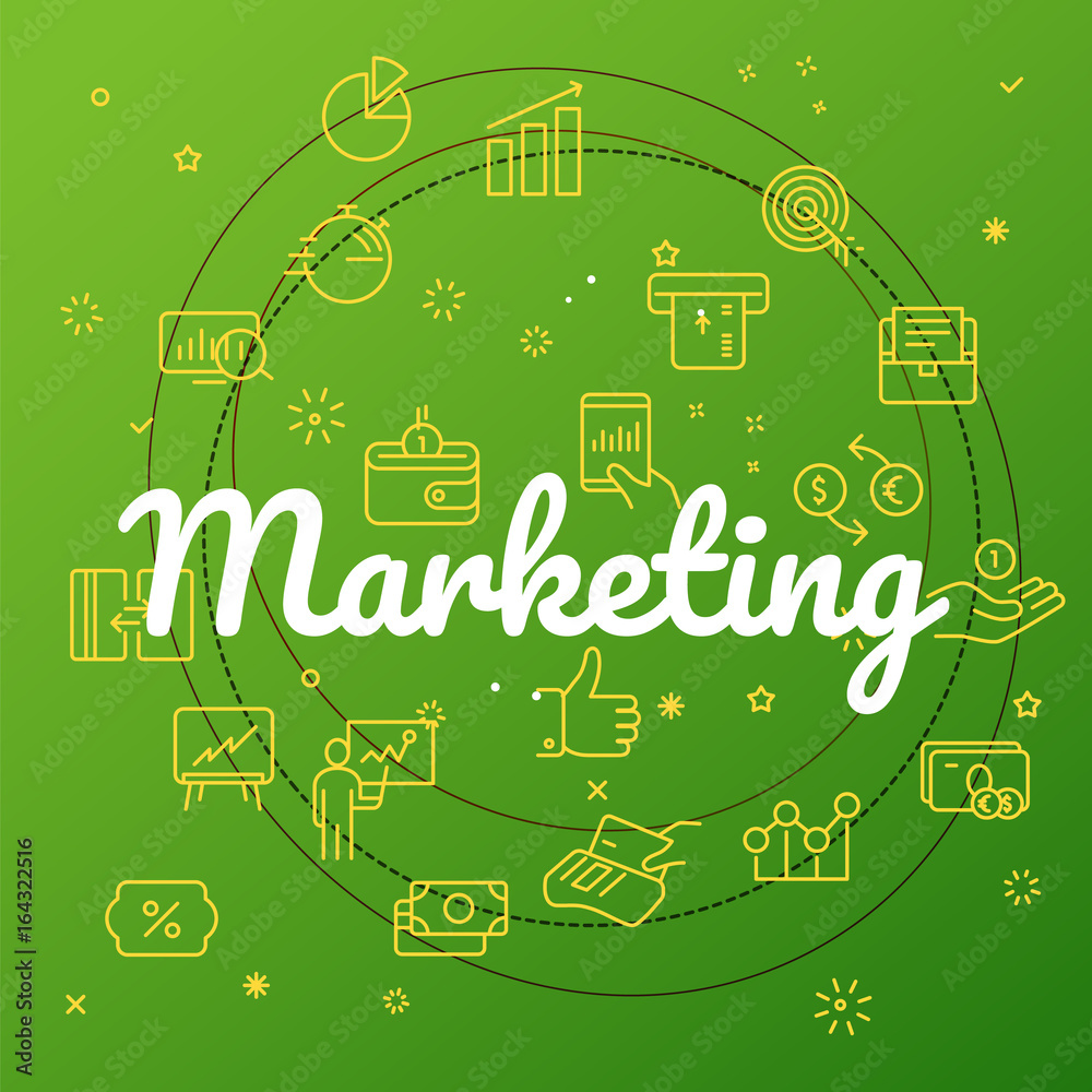 Poster marketing concept. different thin line icons included