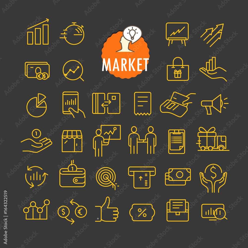 Poster Different marketing icons vector collection. Web and mobile app outline icons set on dark background