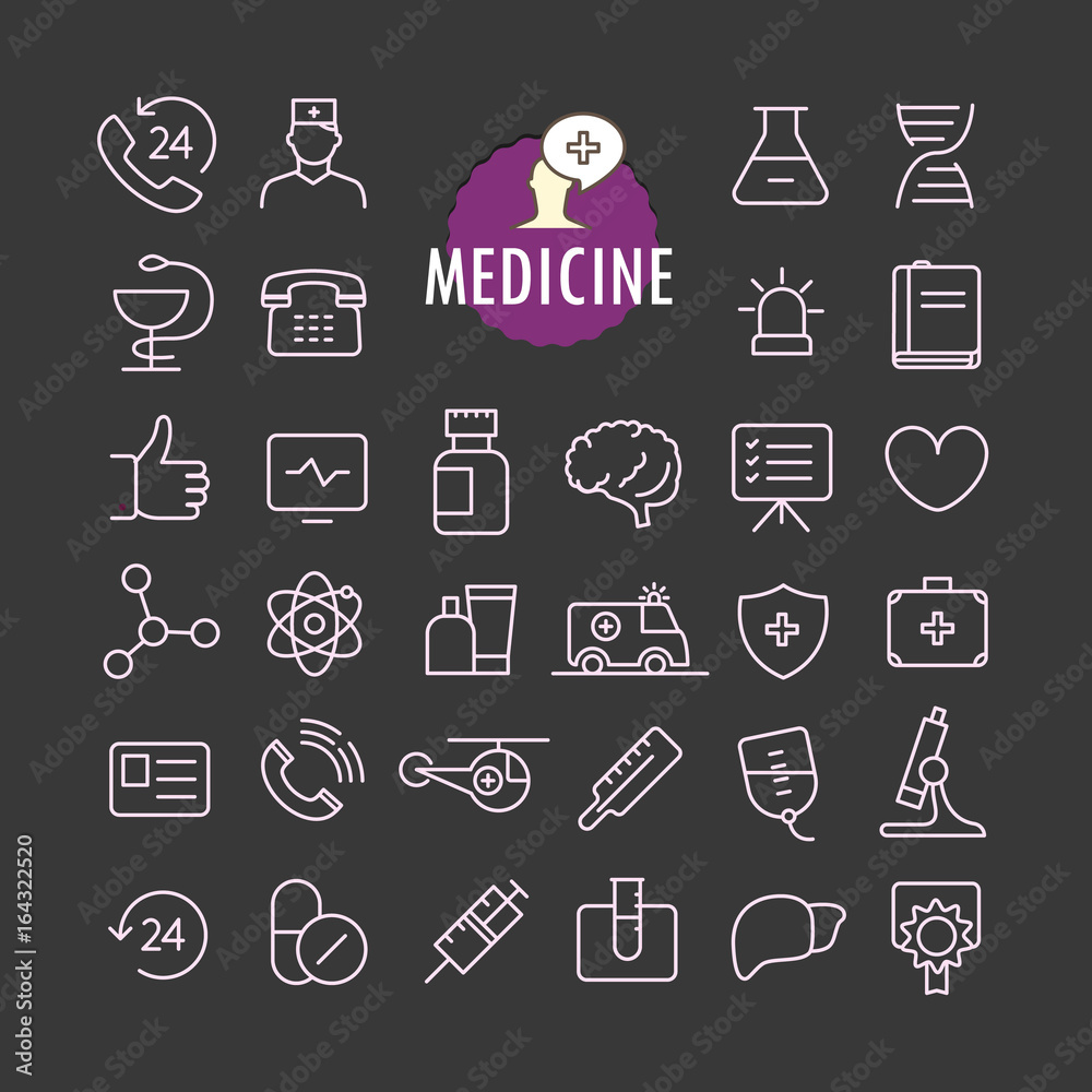 Poster Different medicine icons vector collection. Web and mobile app outline icons set on dark background