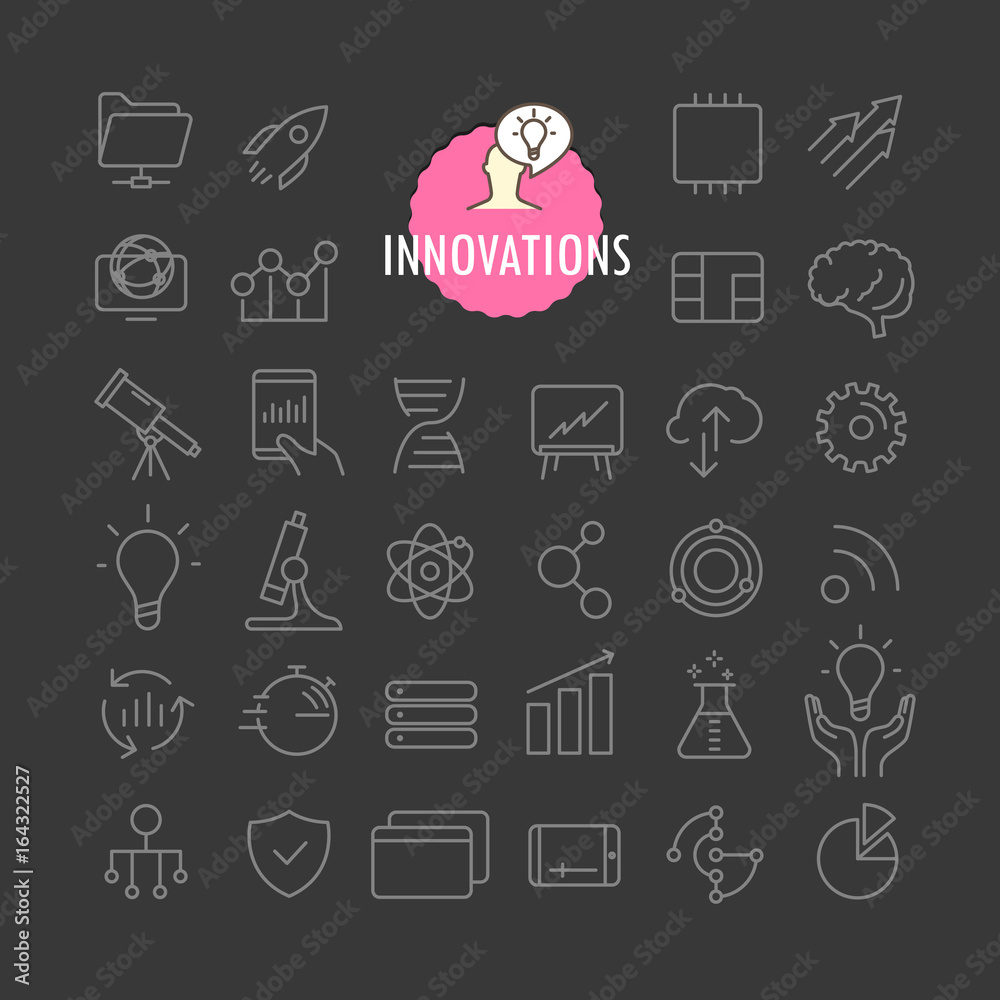 Fototapete Different innovation icons vector collection. Web and mobile app outline icons set on dark background