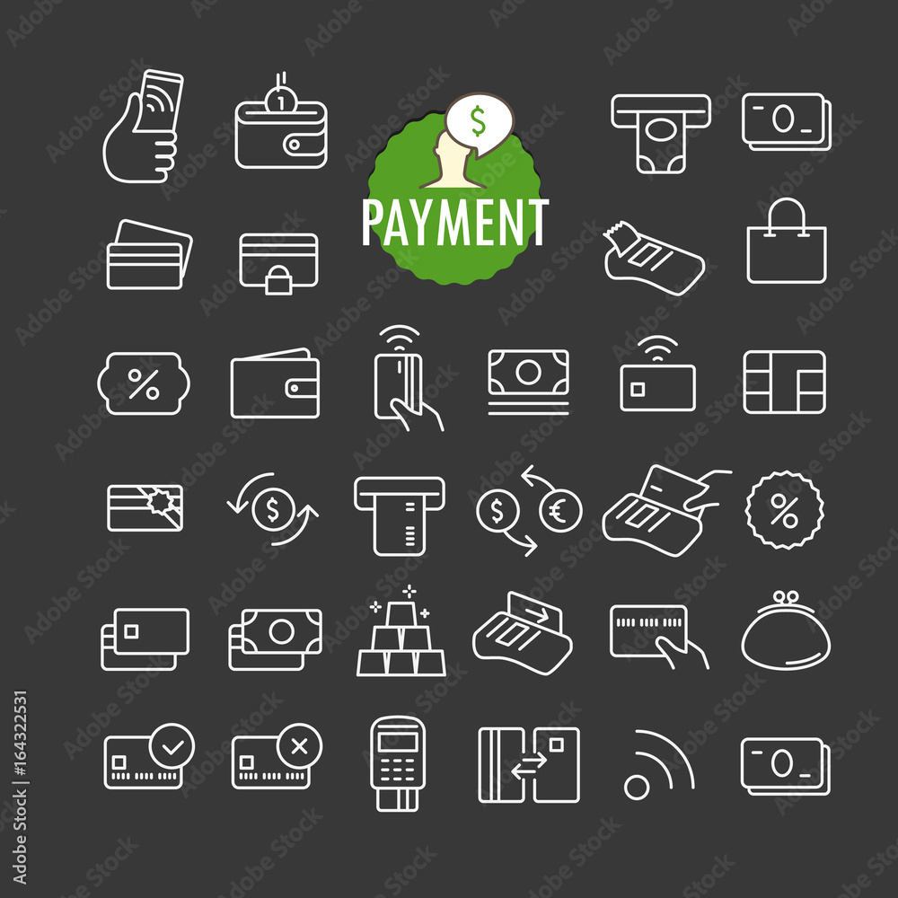 Poster Different payment icons vector collection. Web and mobile app outline icons set on dark background