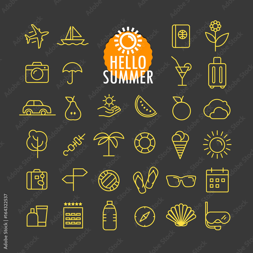 Poster Different summer icons vector collection. Web and mobile app outline icons set on dark background