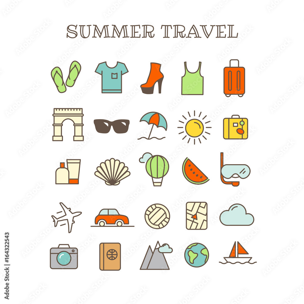 Aufkleber different thin line color icons vector set. summer travel