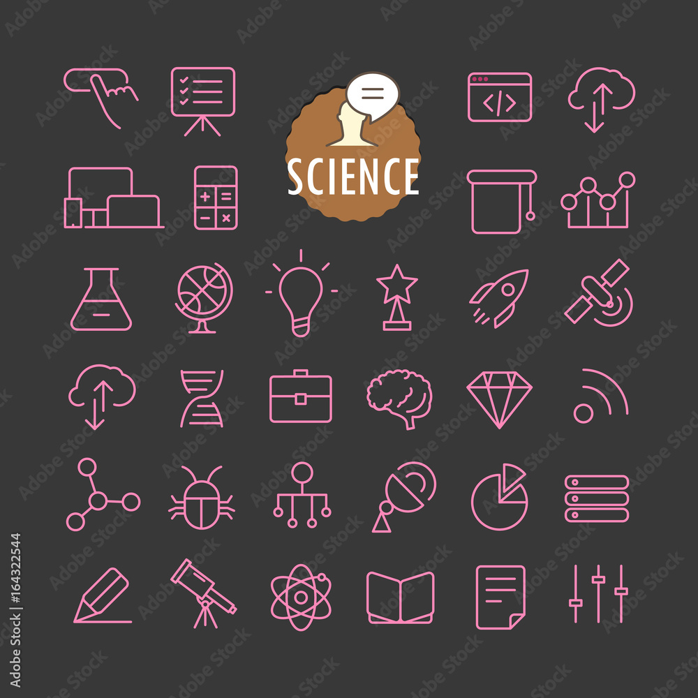 Fototapete different science icons vector collection. web and mobile app outline icons set on dark background