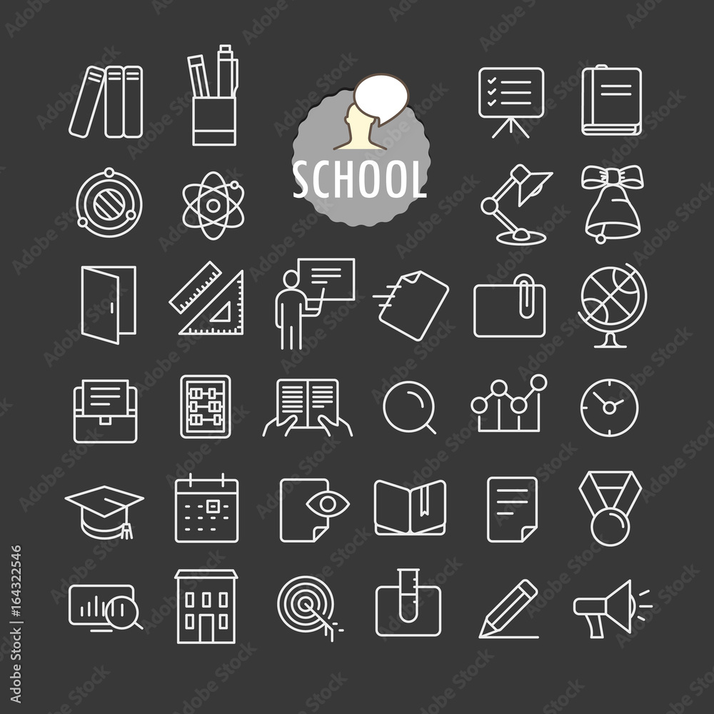 Poster Different school icons vector collection. Web and mobile app outline icons set on dark background