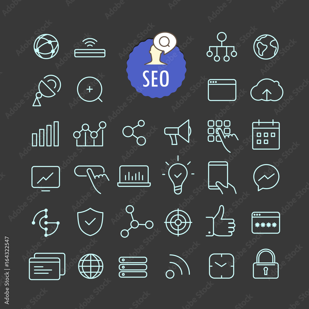 Aufkleber Different seo icons vector collection. Web and mobile app outline icons set on dark background