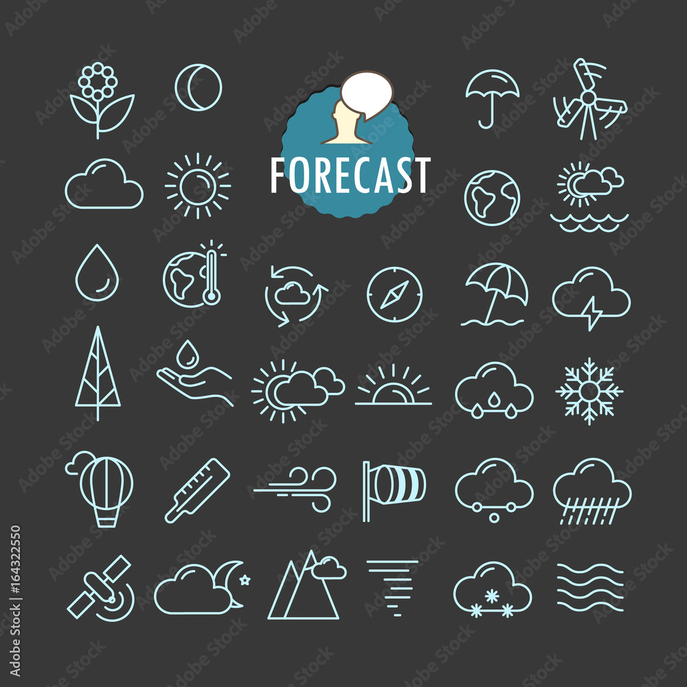 Fototapete Different forecast icons vector collection. Web and mobile app outline icons set on dark background
