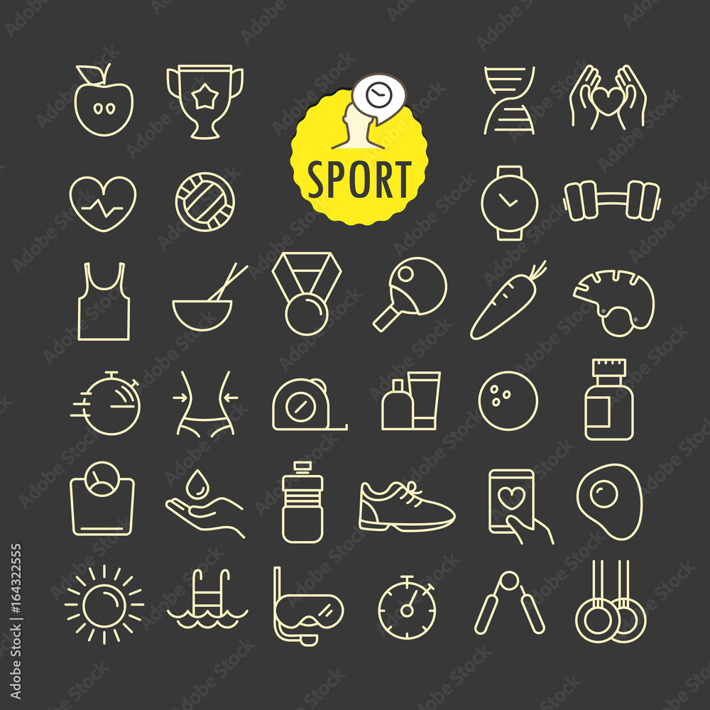 Poster Different sport icons vector collection. Web and mobile app outline icons set on dark background