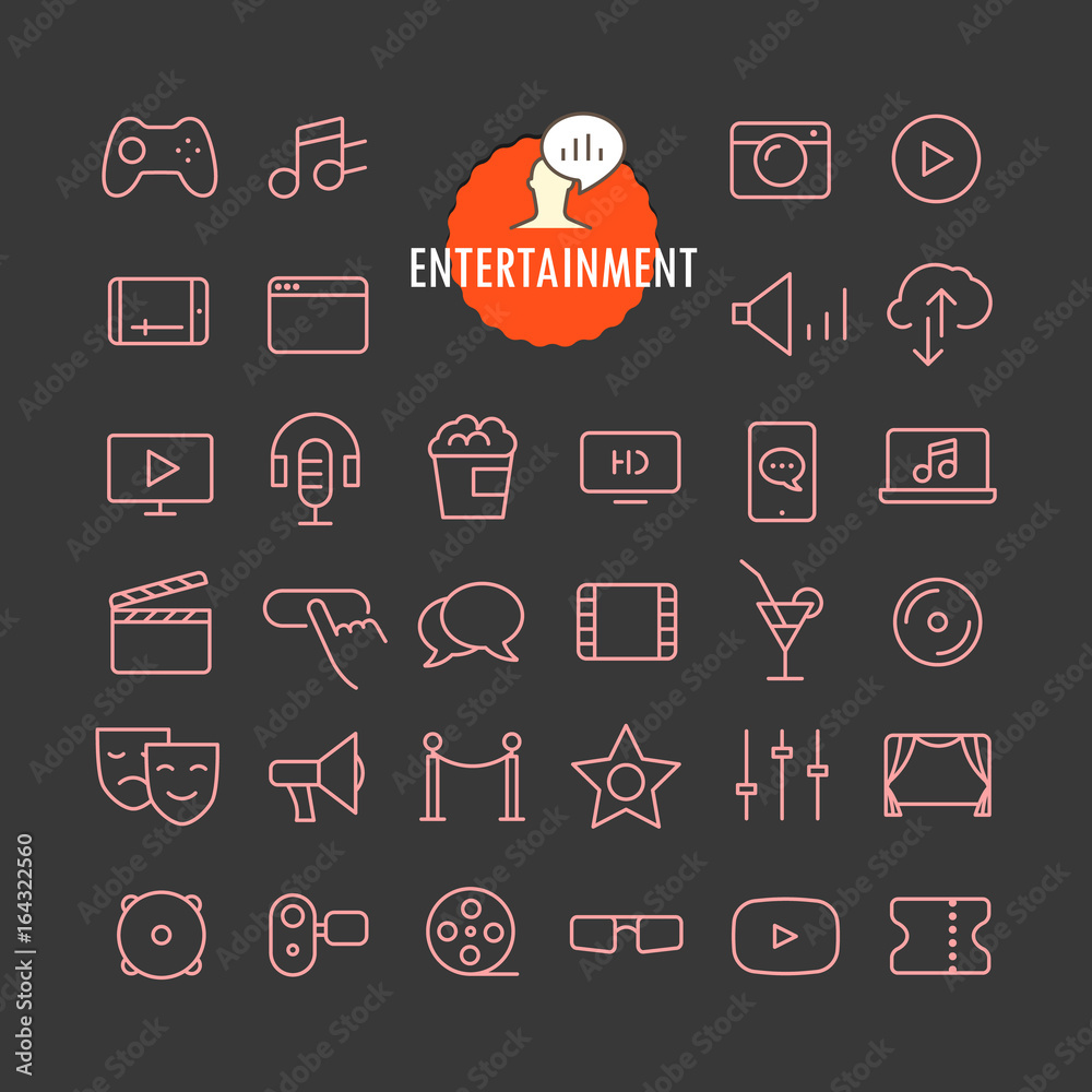 Poster Different entertainment icons vector collection. Web and mobile app outline icons set on dark background
