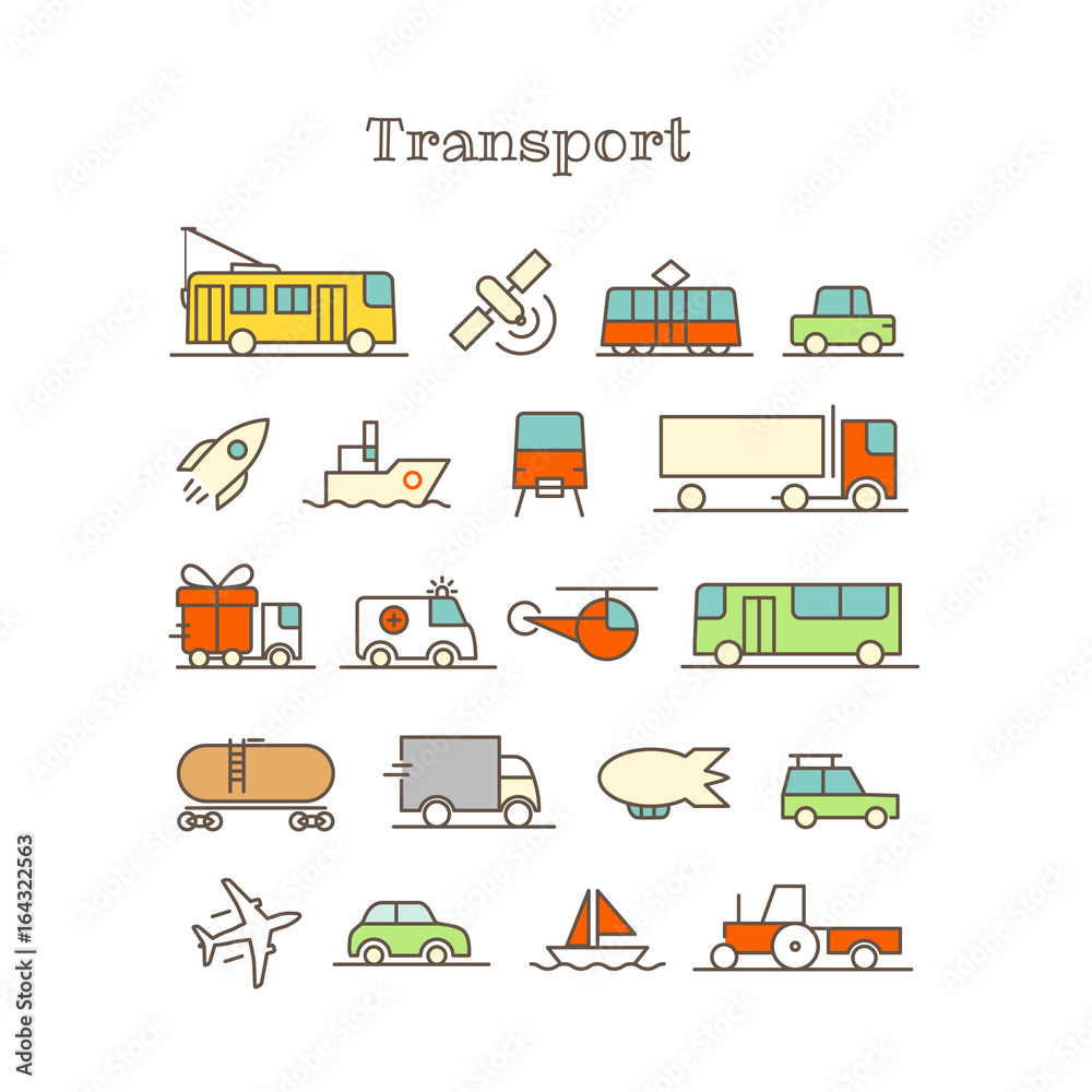 Poster different thin line color icons vector set. transport