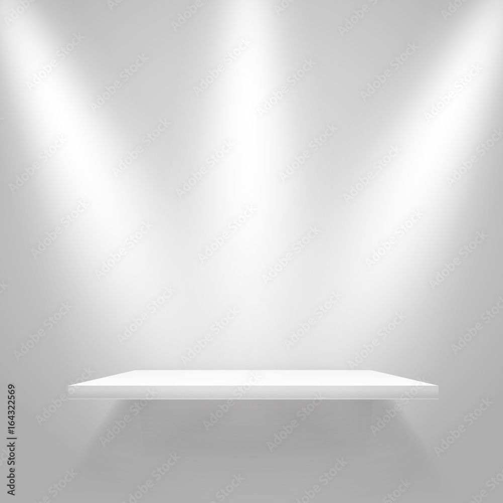 Aufkleber white illuminated shelf on the wall. vector mockup
