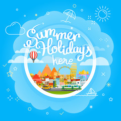 Summer travel vector concept. Vacation travelling illustration. Summer holidays he