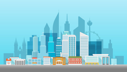 Modern cityscape vector illustartion. Office builngs houses and scyscrapers