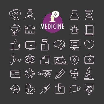 Different medicine icons vector collection. Web and mobile app outline icons set on dark background