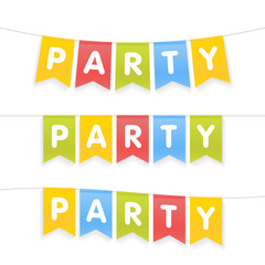Vector illustration of party word on pennants on rope