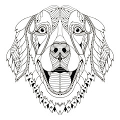 Golden retriever dog zentangle stylized head, freehand pencil, hand drawn, pattern. Zen art. Ornate vector.