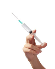 Female hand holding a medical syringe.  Isolated