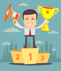 The winner, Cartoon human holding winner s trophy award and megaphone. social media marketing concept. vector illustration in flat design on city background