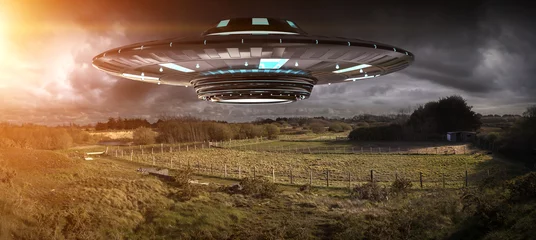 Schilderijen op glas UFO invasion on planet earth landascape 3D rendering © sdecoret