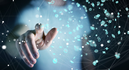 Businessman using flying network connection interface 3D rendering