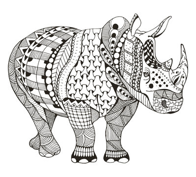 Rhino zentangle stylized, vector illustration, freehand pencil, doodle, black and white, pattern, hand drawn. Coloring book for adults. Anti stress.