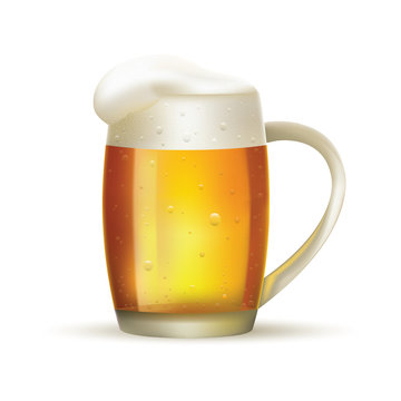 Glass of beer with foam on white isolated background. Vector.