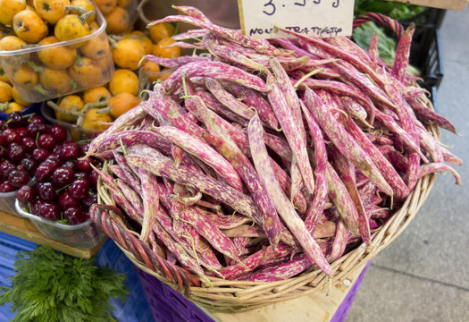 Borlotti Romano beans for sale at market, Bologna, Italy, spring, 2017.