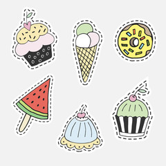 Colorful cartoon hand drawn cupcake, donat, watermelon and ice cream. Isolated vector illustration in patch style.