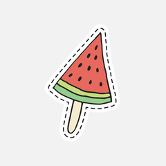 Colorful cartoon hand drawn watermelon. Isolated vector illustration in patch style.