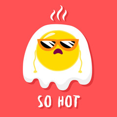 Cartoon fried egg in sunglasses. Hot day. Vector card.