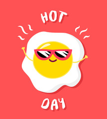 Cartoon fried egg in sunglasses. Hot day. Vector illustration.