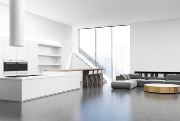 White kitchen interior and living room, side