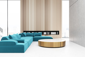 Wooden living room interior, blue