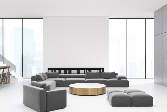 White living room interior, gray sofas