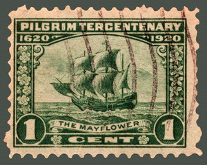 Pilgrim Tricentenary Postage Stamp with Mayflower - obrazy, fototapety, plakaty